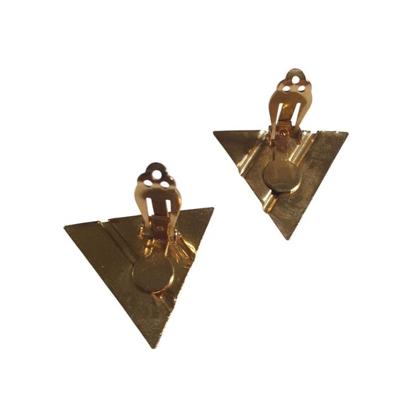 Vintage Geometric Purple Fuchsia Clip On Earrings Triangular Gold Tone Jewelry - Picture 4 of 4